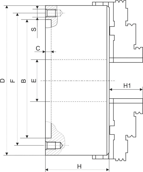 SCROLL CHUCK MANUAL DE 8" DE 3 MORDAZAS REVERSIBLES, 2 PIEZAS CUERPO DE ACERO FORJADO, ESPALDA PLANO TOOLMEX