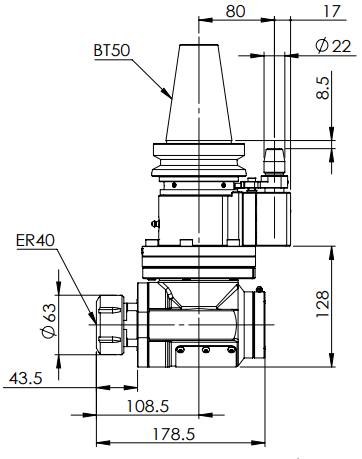 AHB-BT50-ER40 CABEZAL ANGULAR A 90 GRADOS INTERFASE BT50 SALIDA ER40 HOLDWELL