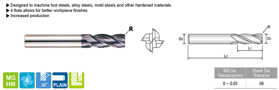GM819912 X-POWER PRO 4 FLUTE LONG LENGTH CORDER RADIUS END MILL 5.0(R.5) x 6.0 x 20.0 x 60.0 YG1