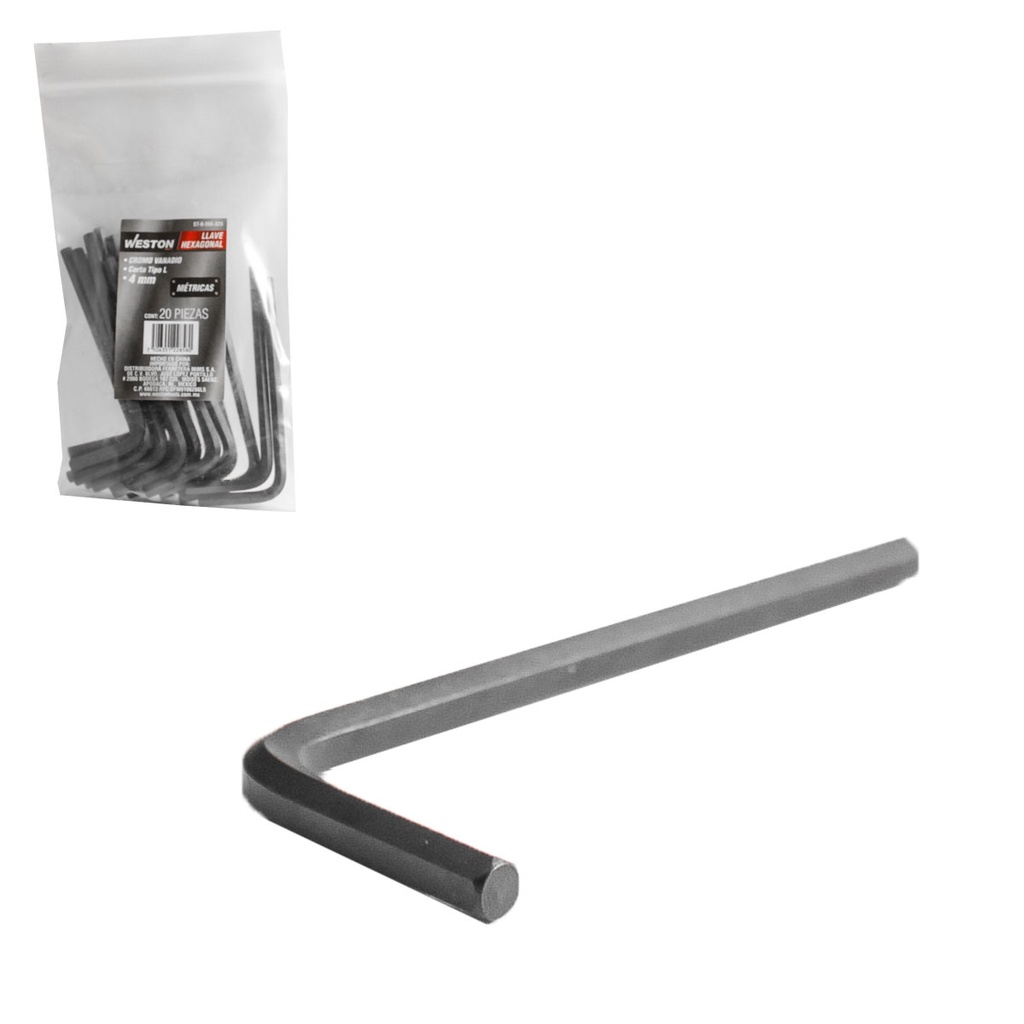 LLAVE HEXAGONAL L CORTA CrV  4MM  (PRECIO X PZA - EMPAQUE C/20 PZAS) WESTON