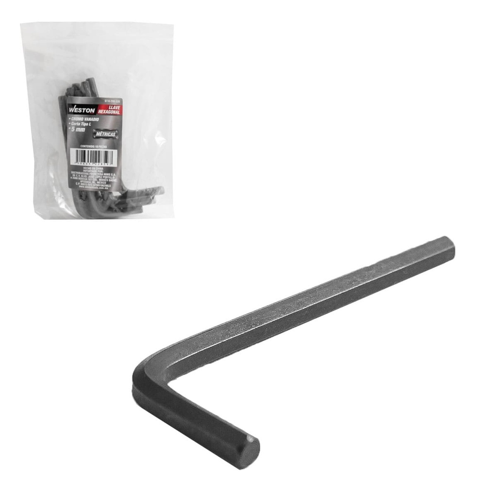 LLAVE HEXAGONAL L CORTA CrV  5MM (PRECIO X PZA - EMPAQUE C/10 PZAS) WESTON
