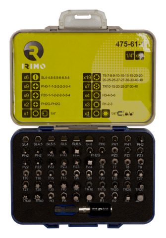 [475-61-1] Juego de puntas de 1/4" con adaptador y portapuntas de lib. ráp., 61 piezas IRIMO una marca de SNAP ON