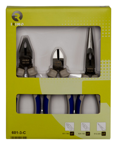 [601-3-C] Juego de 3 pinzas, pinzas universales de 180 mm, pinzas de corte de 160 mm y pinzas de boca semirredonda de 200 mm IRIMO una marca de SNAP ON