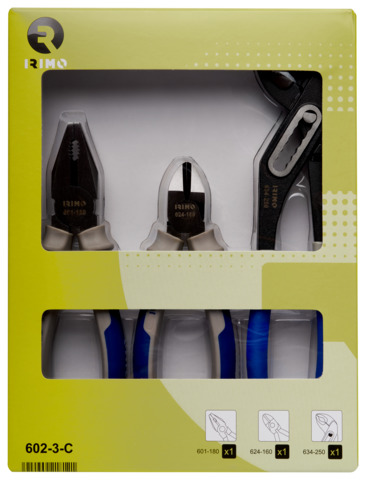 [602-3-C] Juego de 3 pinzas, pinzas universales de 180 mm, pinzas de corte de 160 mm y pinza articulada de 250 mm IRIMO una marca de SNAP ON