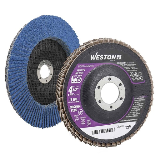 [Z-13627] DISCO LAMINADO ZIRCONIO 4-1/2" G60 AZUL (Precio x pieza - Empaque c/10 pzas) WESTON